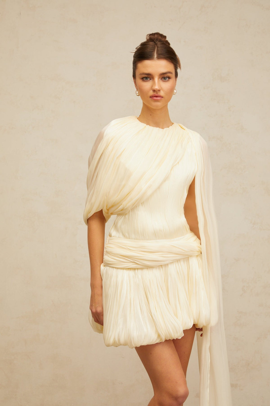 Ribbon Accent Pleated Mini Dress