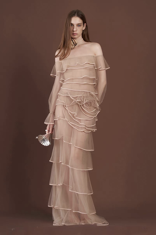 Floral Snspired Ruffle Layer Tulle Gown