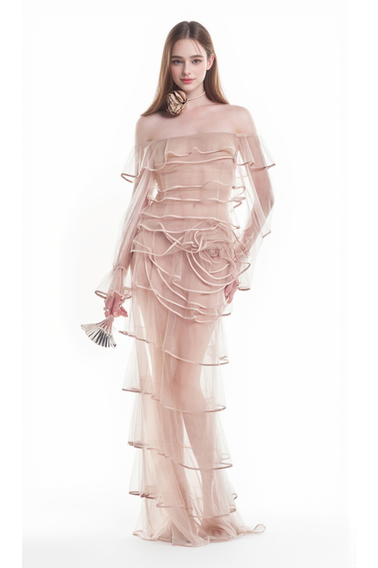 Floral Snspired Ruffle Layer Tulle Gown