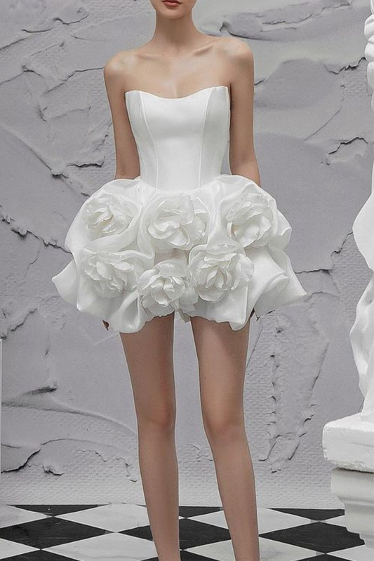 Floral-appliqué Strapless Mini Dress