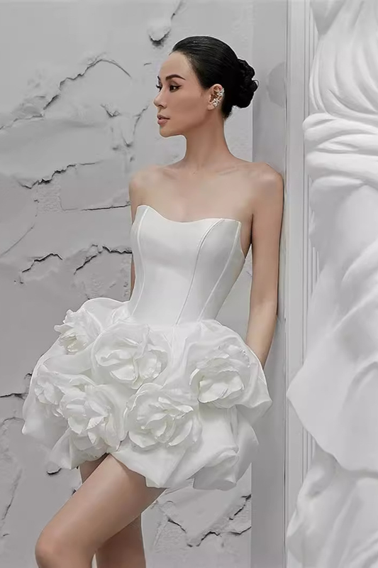 Floral-appliqué Strapless Mini Dress